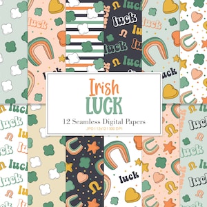 IRISH LUCK, Irish Shamrock Four Leaf Clover Seamless Repeat Pattern, St Patrick's Day Backgrounds, Printable Digital Paper image 1