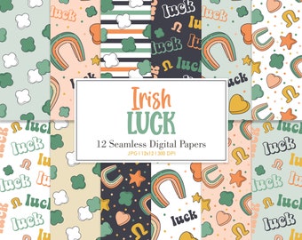 IRISH LUCK, Irish Shamrock Four Leaf Clover Seamless Repeat Pattern, St Patrick's Day Backgrounds, Printable Digital Paper