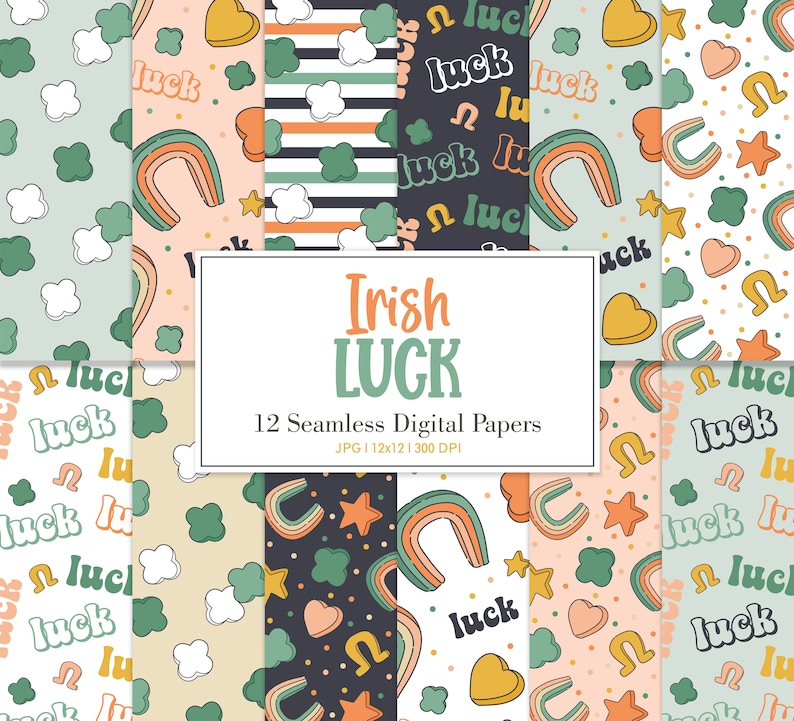 IRISH LUCK, Irish Shamrock Four Leaf Clover Seamless Repeat Pattern, St Patrick's Day Backgrounds, Printable Digital Paper image 1