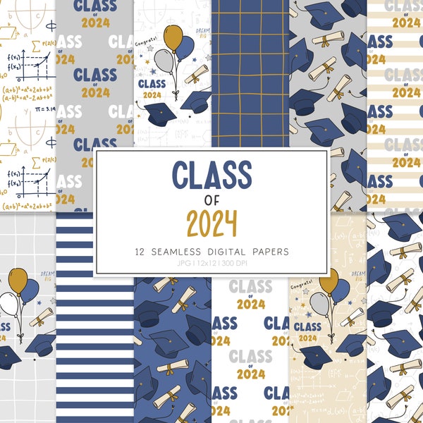 KLASSE von 2024, Abschluss-Gekritzel-Luftballons, Abschluss-Kappe, Abschluss-Muster, Hintergründe, bedruckbares digitales Papier