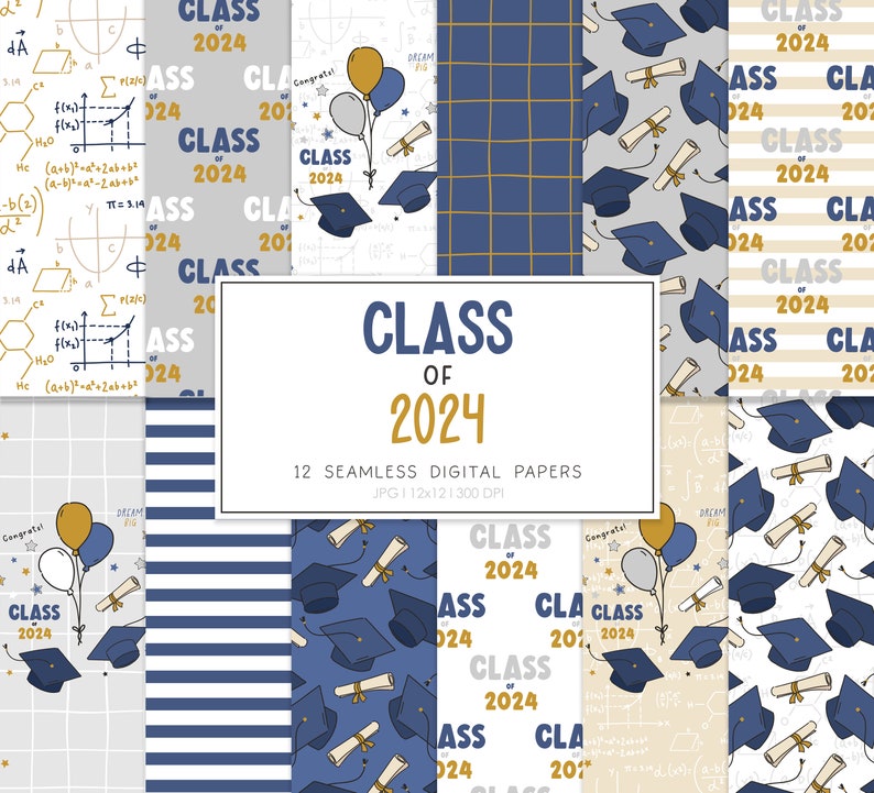 CLASS of 2024, Graduation Doodle Balloons, Grad Cap, Diploma Seamless Repeat Pattern, Backgrounds, Printable Digital Paper image 1