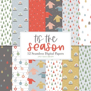 TIS THE SEASON, Christmas Seamless Repeat Pattern, Backgrounds, Printable Digital Paper