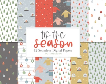 TIS THE SEASON, Christmas Seamless Repeat Pattern, Backgrounds, Printable Digital Paper