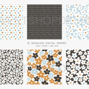 May include: Set of 12 digital papers featuring various floral patterns. The patterns include white flowers with orange centres on a blue background, black flowers with orange and blue centres on a white background, and white flowers with orange centres on a black background. The papers are 12x12 inches and 300 DPI.