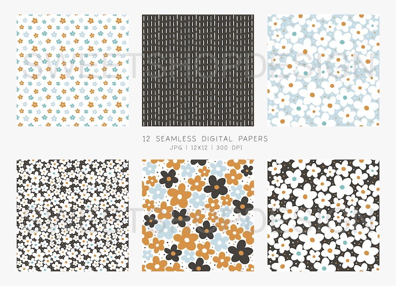 May include: Set of 12 digital papers featuring various floral patterns. The patterns include white flowers with orange centres on a blue background, black flowers with orange and blue centres on a white background, and white flowers with orange centres on a black background. The papers are 12x12 inches and 300 DPI.