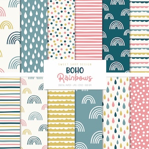 BOHO RAINBOWS, Regenbogenwolken geometrische Hintergründe, druckbare digitale Papiere