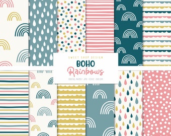Peut inclure: Ensemble de 12 papiers numériques avec des motifs arc-en-ciel bohèmes dans différentes couleurs, notamment rose, bleu, jaune et blanc. Les motifs comprennent des arcs-en-ciel, des gouttes de pluie, des pois et des rayures. Le texte "BOHO Rainbows" est inclus dans l'image.