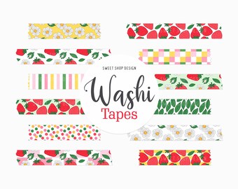 Fita adesiva digital Washi com estampa de jardim de morangos, ilustrações de frutas de verão para planners digitais e Goodnotes.