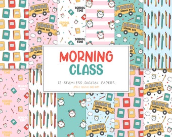 MORNING CLASS, School Education Teacher Educator Seamless Pattern, Backgrounds, Printable Digital Paper