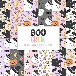 BOO CREW, Halloween sans couture, arrière-plans dessinés à la main kawaii rétro, papier numérique imprimable