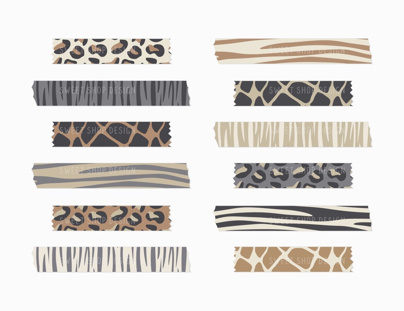 K&ouml;nnte beinhalten: Satz von zehn Washi-Tape-Streifen mit verschiedenen Tiermuster-Designs, darunter Leoparden-, Zebra- und Giraffenmuster. Die B&auml;nder sind in Braun-, Schwarz-, Wei&szlig;- und Graut&ouml;nen gehalten.
