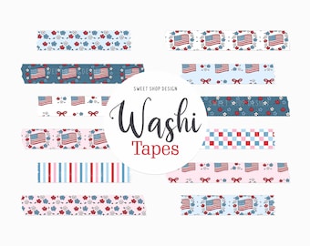 Cyfrowa taśma washi Liberty Blooms, flagi USA, grafika gwiazd do cyfrowego planera, Goodnotes