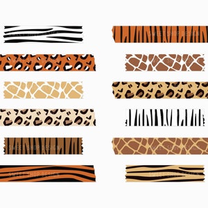 Puede incluir: Conjunto de diez cintas washi con dise&ntilde;os de estampado animal. Las cintas presentan estampados de cebra, leopardo, jirafa y tigre en colores marr&oacute;n, negro, blanco y naranja.