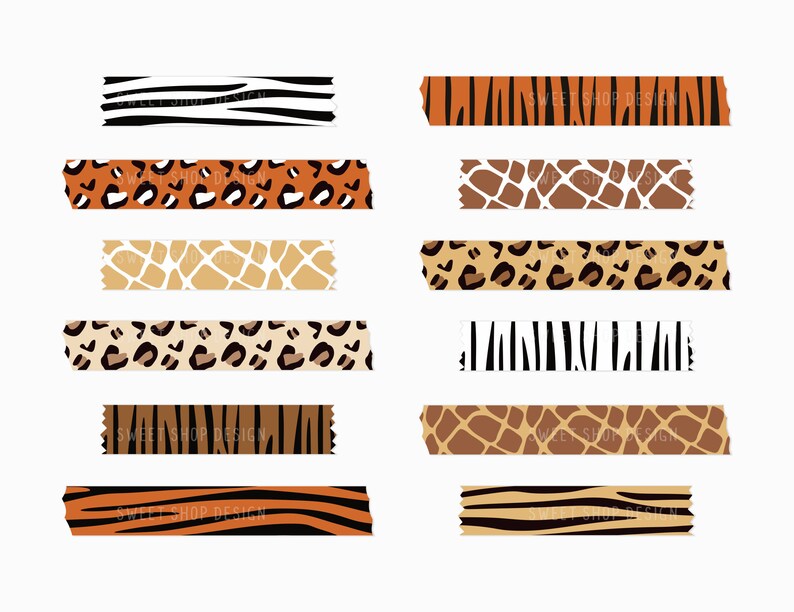 Puede incluir: Conjunto de diez cintas washi con dise&ntilde;os de estampado animal. Las cintas presentan estampados de cebra, leopardo, jirafa y tigre en colores marr&oacute;n, negro, blanco y naranja.