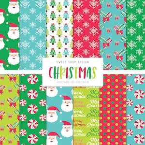 CHRISTMAS, Santa Gifts Trees Candy Canes Backgrounds, Printable Digital Papers