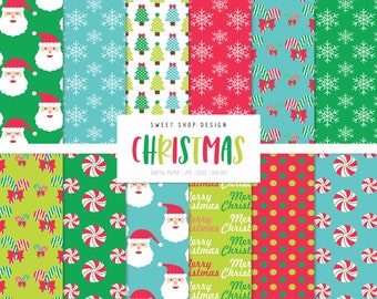 CHRISTMAS, Santa Gifts Trees Candy Canes Backgrounds, Printable Digital Papers