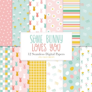 Some Bunny Loves You, Bunny Easter Spring Seamless Repeat Pattern, Backgrounds, Printable Digital Paper image 1