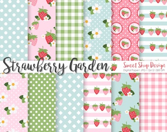 STRAWBERRY GARDEN, Strawberry Floral Backgrounds, Printable Digital Papers