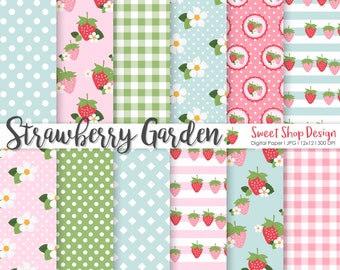 STRAWBERRY GARDEN, Strawberry Floral Backgrounds, Printable Digital Paper