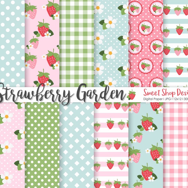 STRAWBERRY GARDEN, Strawberry Floral Backgrounds, Printable Digital Papers
