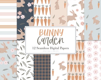 BUNNY GARDEN, Bunny Easter Spring Seamless Repeat Pattern, Backgrounds, Printable Digital Paper