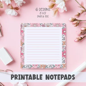 Retro Flowers Printable Square Notepad Template, Floral Retro Drawn Hand, Memo Sheet, To Do List Notepad