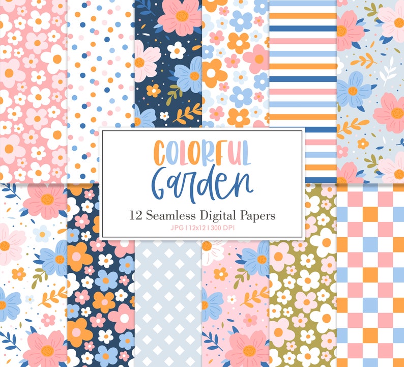 May include: A set of 12 digital papers featuring colourful floral patterns, polka dots, stripes, and checkered designs. The papers are seamless and perfect for crafting, scrapbooking, and digital design projects. The text "COLORFUL GARDEN 12 Seamless Digital Papers JPG 12x12 | 300 DPI" is displayed on the image.