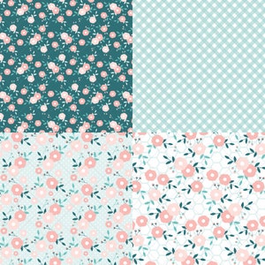 May include: Four different seamless patterns featuring pink flowers and green leaves on various backgrounds. The top left pattern has a teal background, the top right pattern has a light blue gingham background, the bottom left pattern has a light blue background with white dots, and the bottom right pattern has a white background with a honeycomb pattern.