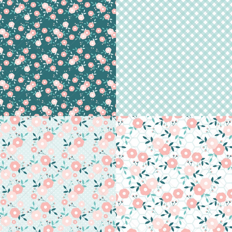 May include: Four different seamless patterns featuring pink flowers and green leaves on various backgrounds. The top left pattern has a teal background, the top right pattern has a light blue gingham background, the bottom left pattern has a light blue background with white dots, and the bottom right pattern has a white background with a honeycomb pattern.