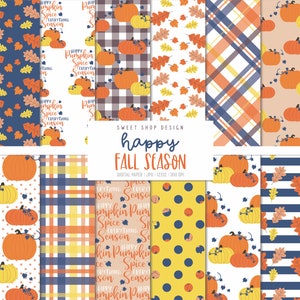 HAPPY FALL, Autumn Pumpkin Backgrounds, Printable Digital Paper