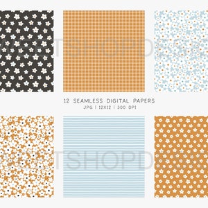 May include: Twelve digital paper designs in a variety of patterns, including floral, plaid, and striped. The papers are in shades of brown, blue, white, and orange. The text "12 SEAMLESS DIGITAL PAPERS JPG | 12X12 | 300 DPI" is at the centre of the image.