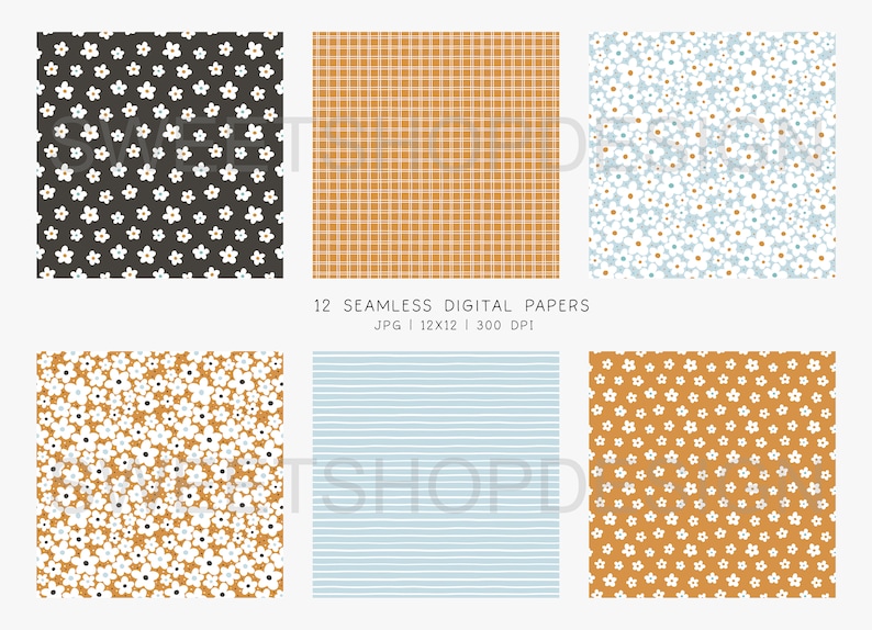 May include: Twelve digital paper designs in a variety of patterns, including floral, plaid, and striped. The papers are in shades of brown, blue, white, and orange. The text "12 SEAMLESS DIGITAL PAPERS JPG | 12X12 | 300 DPI" is at the centre of the image.