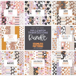 May include: A set of 12 digital paper patterns featuring Halloween and Thanksgiving themes. The patterns include pumpkins, ghosts, witches, and other festive elements in a variety of colors, including orange, pink, and purple. The patterns are perfect for creating cards, invitations, scrapbook pages, and other craft projects.
