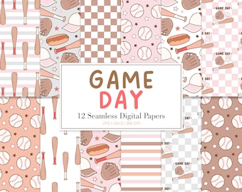 GAME DAY, Ballpark Sports Spring Seamless Repeat Pattern, Retro Backgrounds, Printable Digital Paper