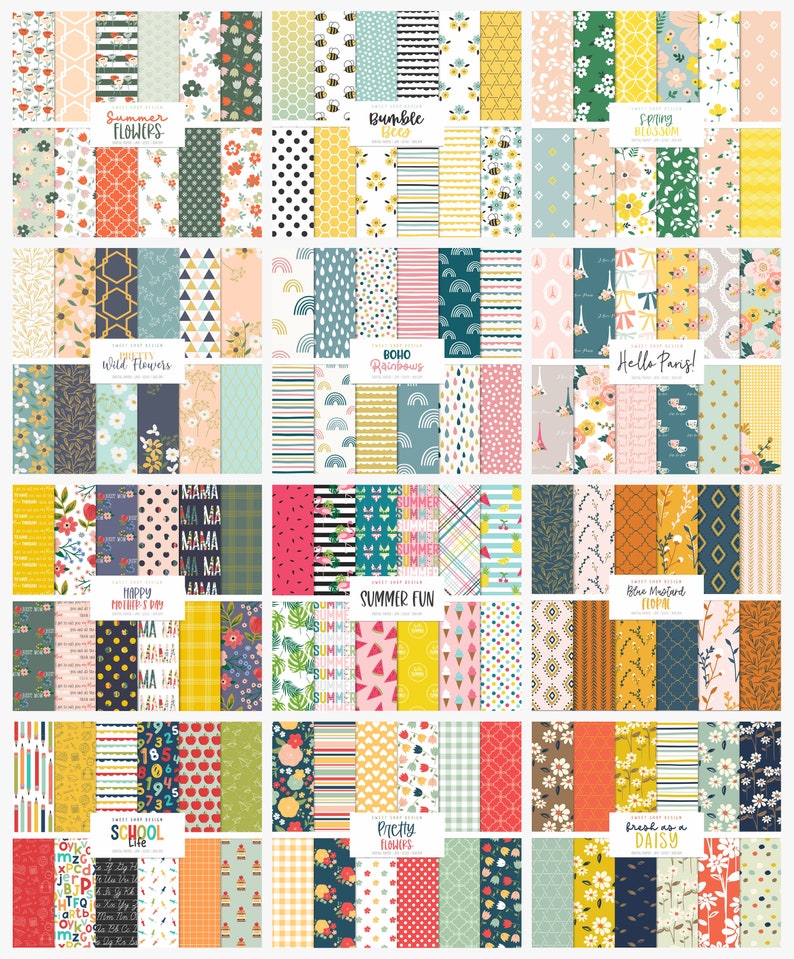 May include: A digital paper pack with 36 different patterns featuring summer themes, including flowers, rainbows, bees, and geometric designs. The patterns are in a variety of colors, including yellow, blue, green, pink, and red.