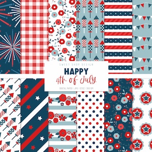 Happy 4th Of July, Patriotic Floral Fireworks Stripes Backgrounds, Printable Digital Papers
