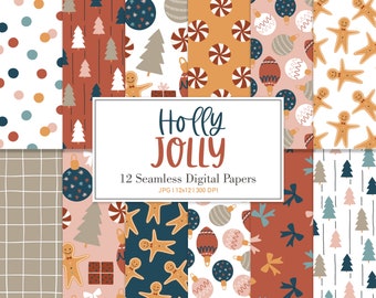 HOLLY JOLLY, Christmas, Seamless Repeat Pattern, Backgrounds, Printable Digital Paper