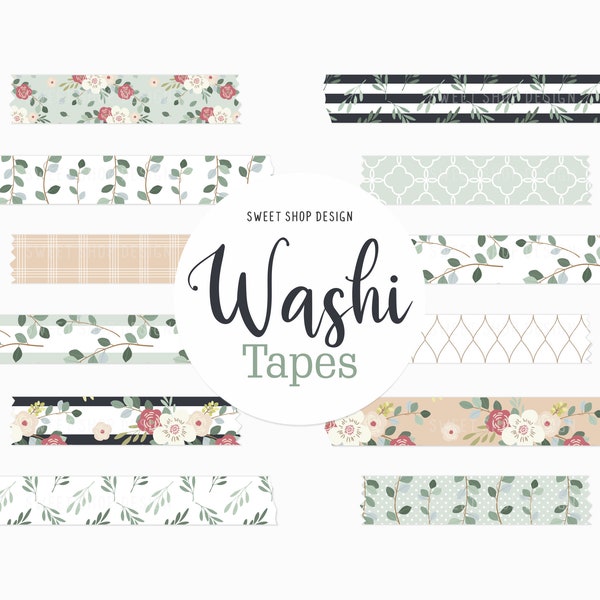 Digitale Washi Tape Clipart FLORAL EUCALYPTUS, Graphics met Floral Stripes Voor Digital Planner, Goodnotes