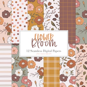 May include: A set of 12 digital papers featuring floral patterns in shades of brown, pink, and white. The papers are seamless and have a vintage aesthetic. The text "FLOWER BLOOM 12 Seamless Digital Papers JPG 12x12 | 300 DPI" is displayed on a white banner.