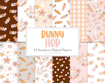 BUNNY HOP, Easter Spring Seamless Repeat Pattern, Backgrounds, Printable Digital Paper