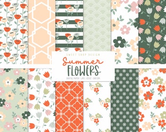 SUMMER FLOWERS, Floral Geometric Backgrounds, Printable Digital Papers