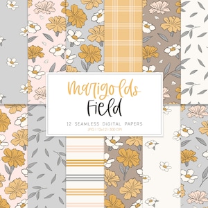 CAMPO DE MARIGOLDS, Patrón de repetición sin costuras de primavera floral, fondos retro de verano, papel digital imprimible