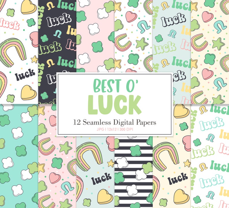 BEST O' LUCK, Irish Shamrock Four Leaf Clover Seamless Repeat Pattern, St Patrick's Day Backgrounds, Printable Digital Paper image 1