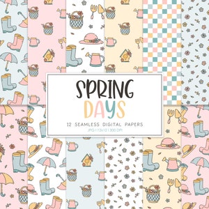 May include: A set of 12 digital papers featuring spring-themed illustrations. The papers include patterns of flowers, umbrellas, rain boots, watering cans, gardening tools, and birdhouses. The papers are in a variety of colors, including pink, blue, yellow, and green. The text "SPRING DAYS" is displayed in a large font at the top of the image.