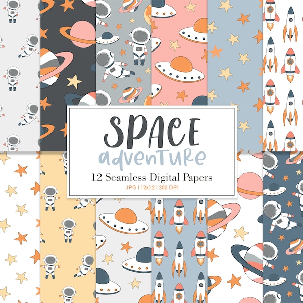 SPACE ADVENTURE, Astronaut Space Moon Stars Planets Nursery Seamless Repeat Pattern, Backgrounds, Printable Digital Paper