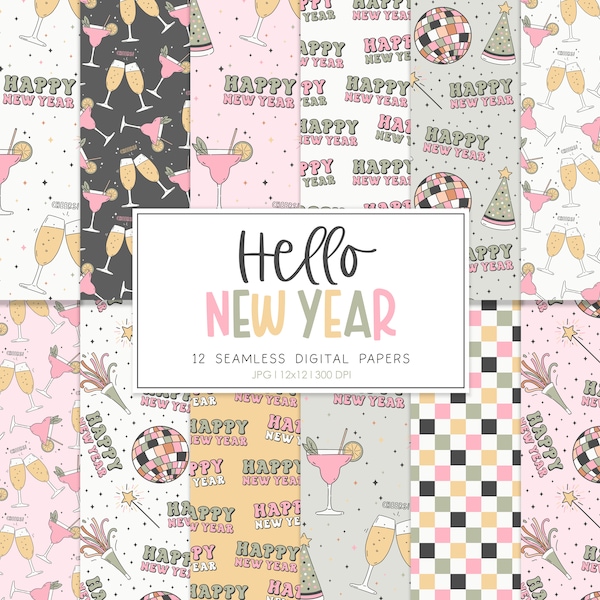 New Year Seamless Repeat Pattern, Retro New Years Backgrounds, Printable Digital Paper, HELLO NEW YEAR