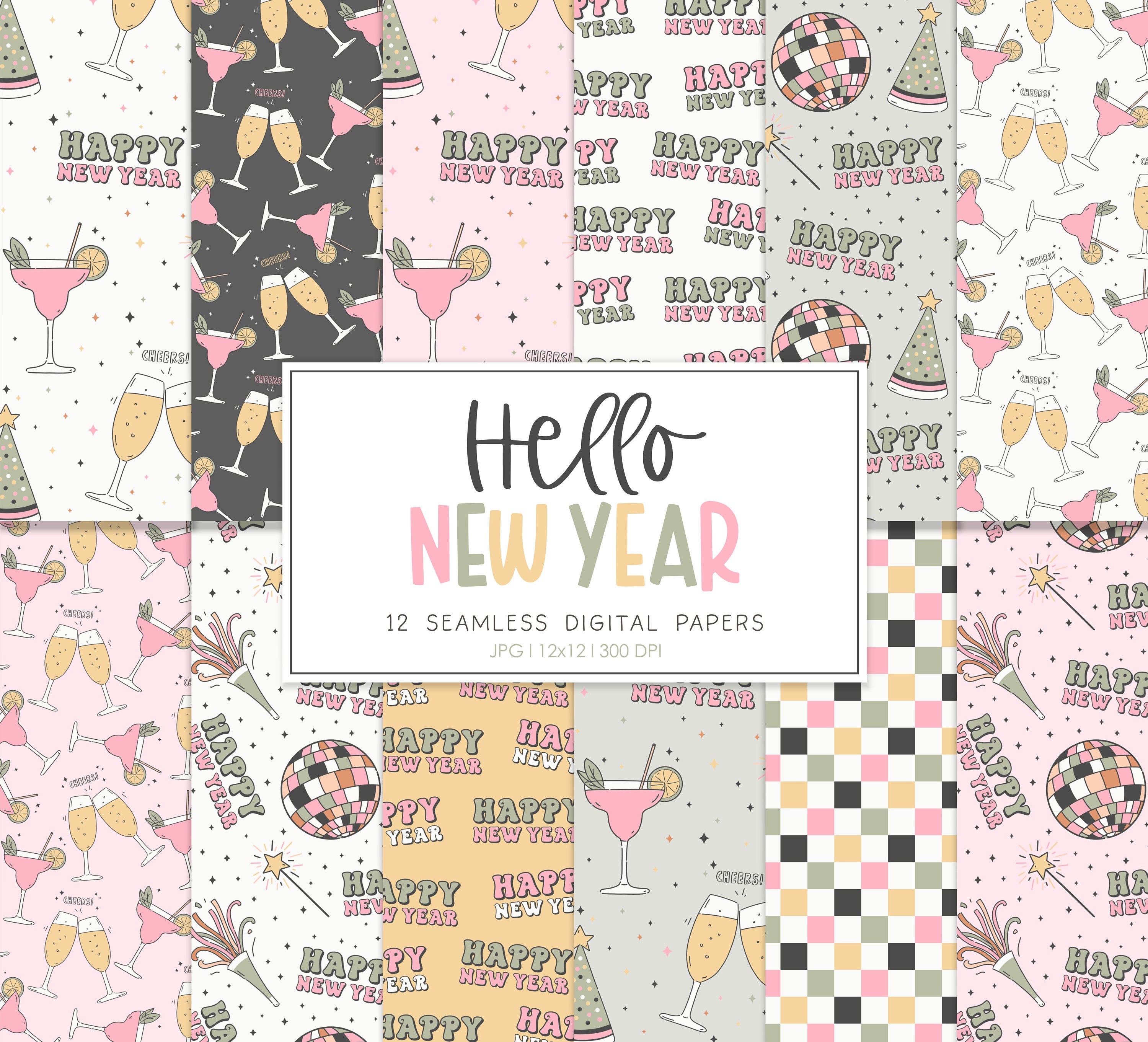 New Year Seamless Repeat Pattern, Retro New Years Backgrounds, Printable Digital Paper, HELLO NEW YEAR
