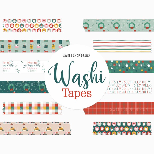 Digital Washi Tape Clipart DEAR SANTA, Christmas Graphics with Santa, Wreath, Holly, Presents For Digital Planner, Goodnotes