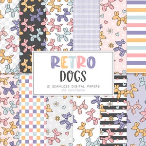 RETRO HUNDE, Ballon Hunde Musternaht, Retro Hunde Hintergründe, bedruckbares digitales Papier