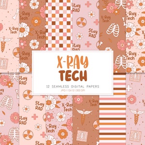 Könnte beinhalten: Zwölf digitale Papiere mit einem rosa und braunen Farbschema mit Illustrationen von Röntgenausrüstung, Blumen, Knochen und dem Text "X-Ray Tech" und "Stay Rad".